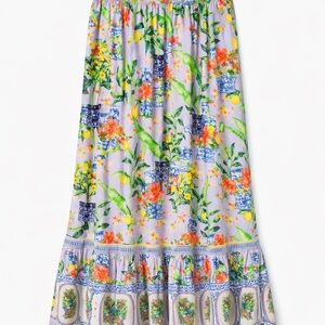 Emily Lovelock Lavender Lemon Print Tiered Maxi Skirt | Size M | Resort
